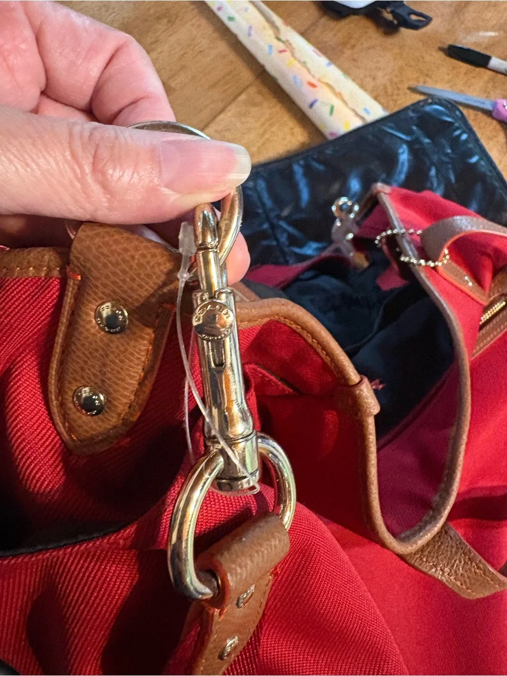 Coach Red Canvas Tote with Brown Leather Trim